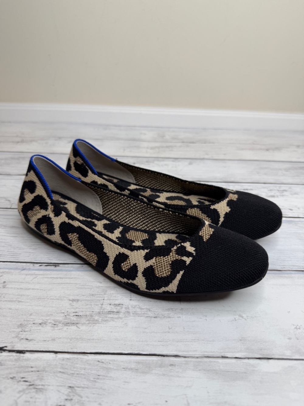 Rothy's Leopard Knit Ballet Flats - Black & Tan with cat print